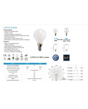 BOMBILLA LED * E14 OPAL ESFERICA – 6.5W - 3000K - 790Lm - 360º